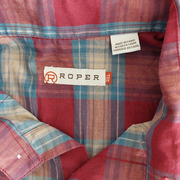 Roper Western Pearl Snap Shirt | Men's 2XL | Red & Blue Plaid Metallic - Picture 3 of 9